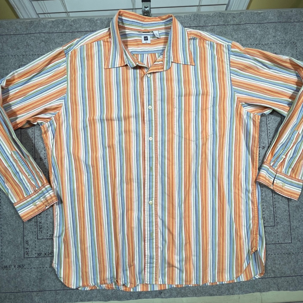 GAP‎ Mens XXL Striped Button Down Shirt Long Sleeve Orange Blue Green White